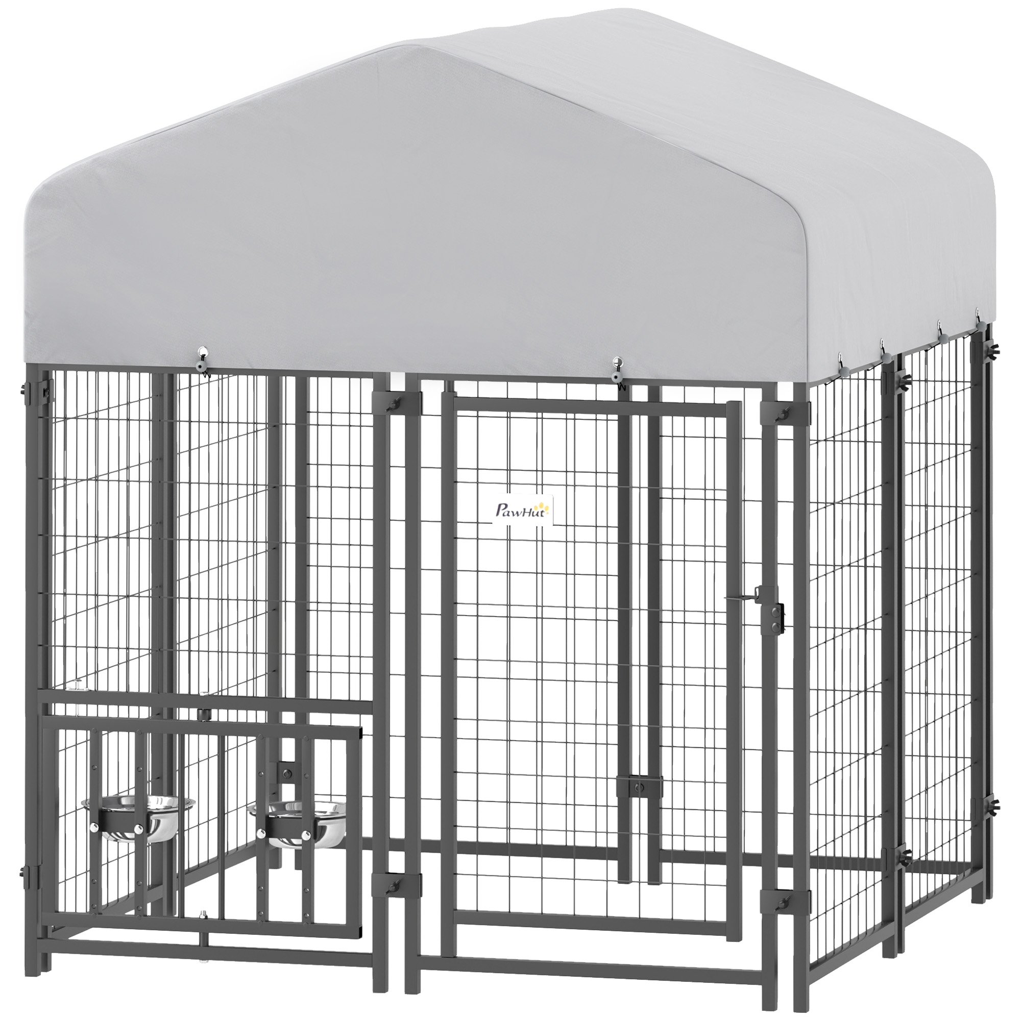 Welded Wire Outdoor Dog Kennel with 360Â° Rotating & 4 Levels Adjustable Bowls, Waterproof Cover, 3.9' x 3.9' x 4.5'