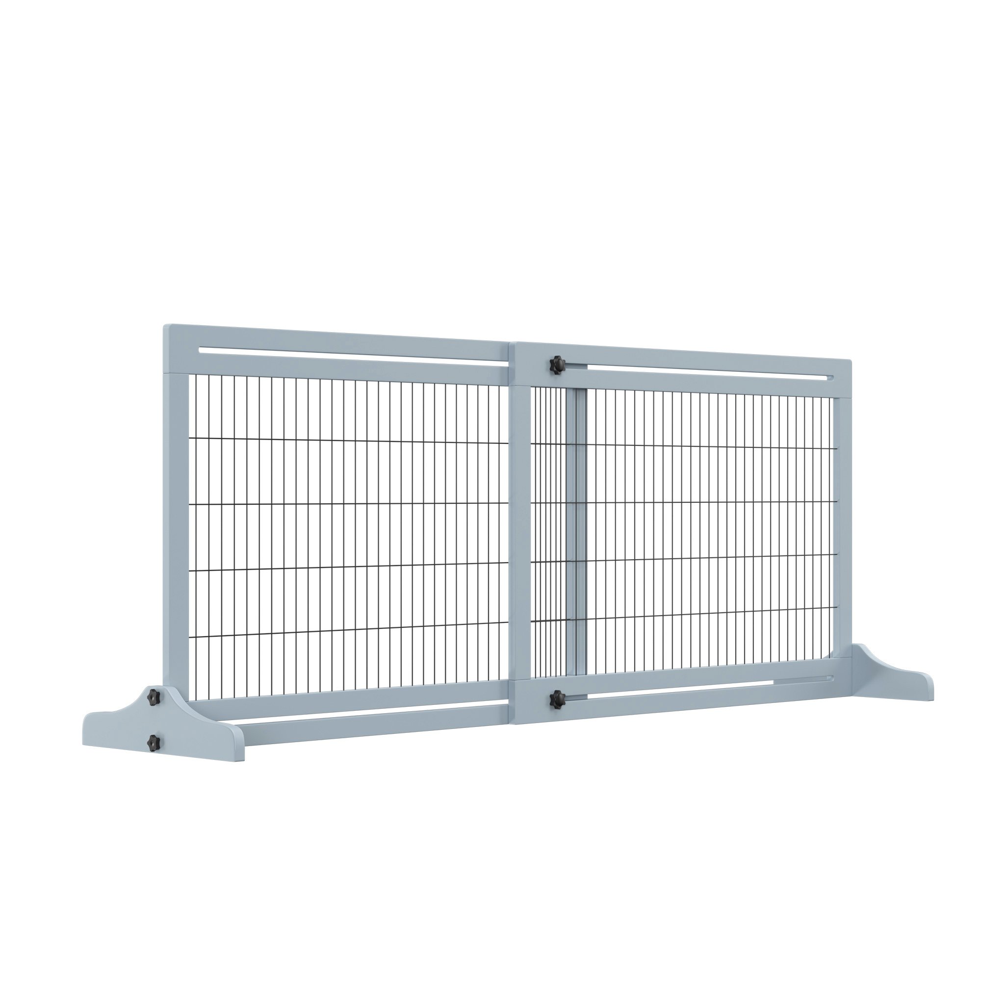 71" W x 27.25" H Extra Wide Freestanding Pet Gate with Adjustable Length Dog, Cat, Barrier for House, Doorway, Hallway, Blue-Gray