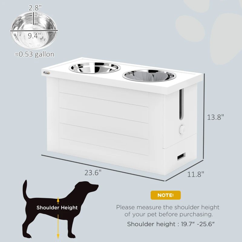 PawHut Elevated Dog Bowls With Slow Feeder Mat, Storage Cabinet, 3 Stainless Steel Bowls For Large & Extra Large Dogs, White