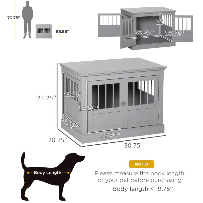 PawHut Wooden Dog Crate End Table, Dog Crate Furniture With Triple Doors, Puppy Crate For Small Dogs Indoor Use, Dark Gray