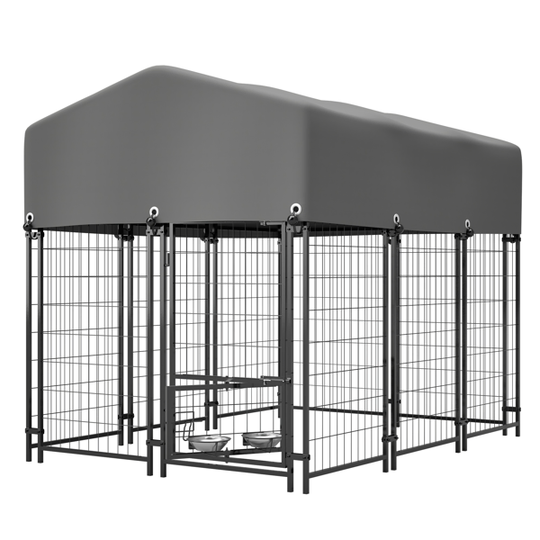 Dog Kennel Outdoor With Roof, 4.23'x5.82'x4.83' Welded Wire Enclosure, Heavy Duty Dog Crate With UV-Resistant Waterproof Cover, Double Lock & Rotating
