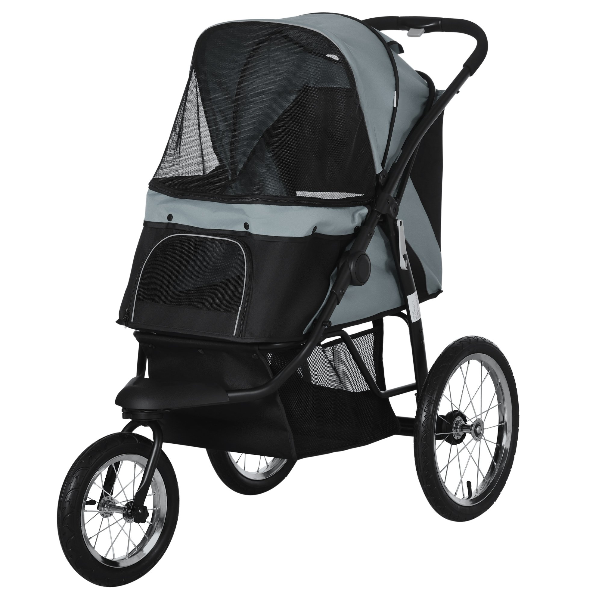 3 Wheels Pet Stroller for Small Dogs and Medium Dogs with Adjustable Canopy, Safety Tether, Storage Basket, Gray