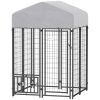 PawHut Welded Wire Outdoor Dog Kennel with 360° Rotating & 4 Levels Adjustable Bowls, Waterproof Cover,