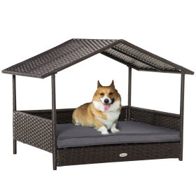 PawHut Wicker Dog Bed Outdoor, with Rattan Canopy, Elevated & Cushioned PE Rattan Dog House with Sleeping Pad, Gray