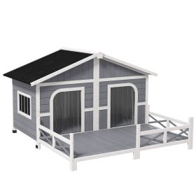 PawHut Wooden Large Dog House Outdoor Cabin Style, Elevated Pet Shelter with Porch, for Small and Medium Breed Dogs, Gray