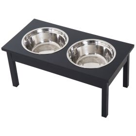 PawHut 2 Stainless Steel Pet Bowls, 23" L Durable Wooden Heavy Duty Dog Feeding Station - Black