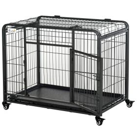 PawHut Metal Dog Cage 49" Heavy Duty Folding Kennel with Tray Locking Wheels Dark Gray