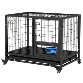 PawHut Heavy Duty Metal Dog Kennel with Bowl Holder Wheels and Removable Tray, Secure Black