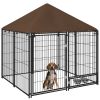 PawHut Outside Dog Kennel, 4.6' x 4.6' x 5' Puppy Play Pen with Canopy, Garden Playpen Fence Crate Enclosure Cage with Rotating Bowl, Black
