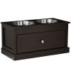 PawHut Double Elevated Dog Bowls for Large Dogs, Raised Dog Feeding Station with 2 Stainless Steel Bowls, Storage Drawer & Wood Stand, Brown