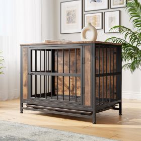 Dog Crate Furniture, Wooden 32.8" Dog Kennel with 2 Sliding Thick Iron Door Frame