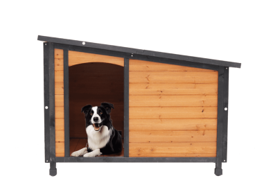 46" Outdoor & Indoor Wooden Dog Kennel for Winter with Raised Feet Weatherproof (Gold red and black) PVC waterproof roof