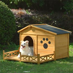 48" Wooden Dog House Outdoor with Porch, Dog Kennel with Water-Resistant Asphalt Roof and Fencing, Dog Crate with Paw Print, Medium