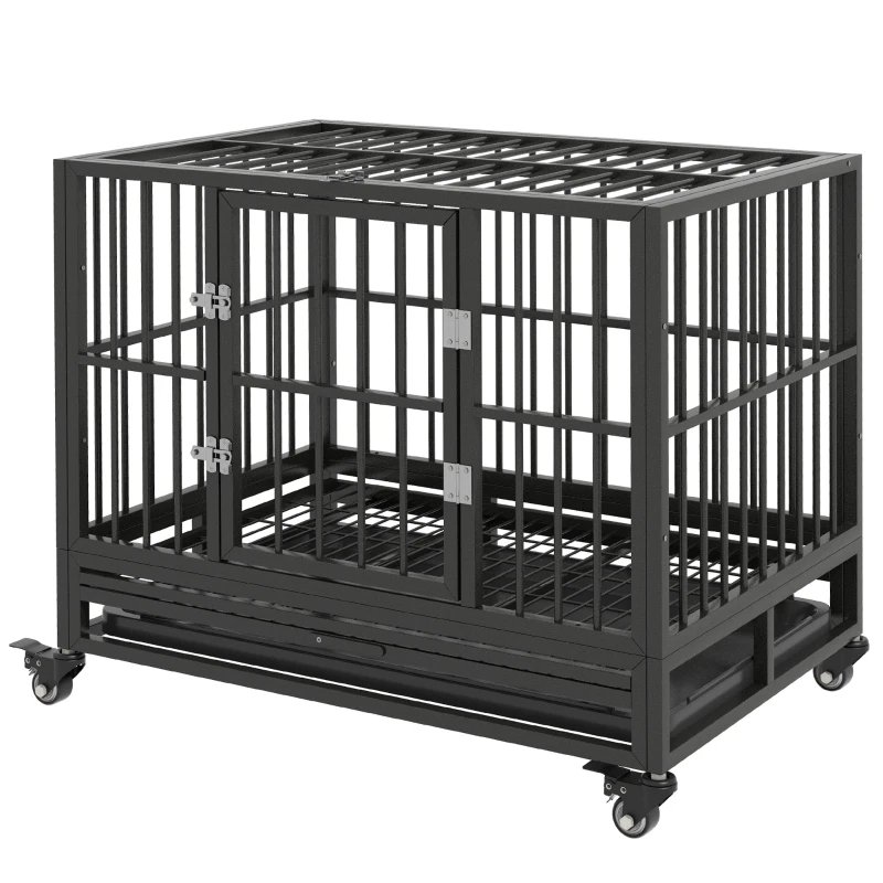 Heavy Duty Dog Crate Metal Cage Kennel With Lockable Wheels, Double Door And Removable Tray, Gray