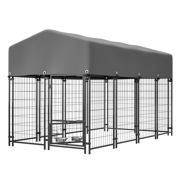Dog Kennel Outdoor With Roof, 4.23'x7.81'x4.83' Welded Wire Enclosure, Heavy Duty Dog Crate With UV-Resistant Waterproof Cover, Double Lock & Rotating
