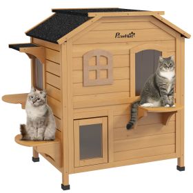 2-Story Wooden Outdoor Cat House Feral Shelter With Escape Door Asphalt Roof 4 Platforms Natural (Option: Yellow)