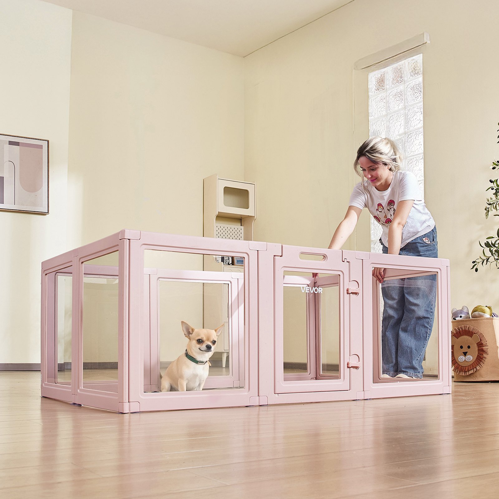 Dog Whelping Box with Window Transparent Playpen for Medium Dog 60x39x23 in (Option: Pink)