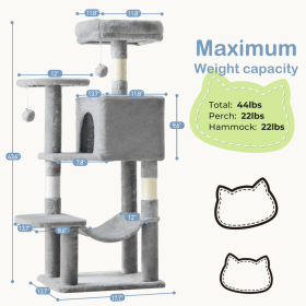 44 Inch Cat Tree Tower, Multi-Cat Climbing Tower With, Natural Sisal Scratching Posts, Extended Platform, Hammock (Option: Light grey)