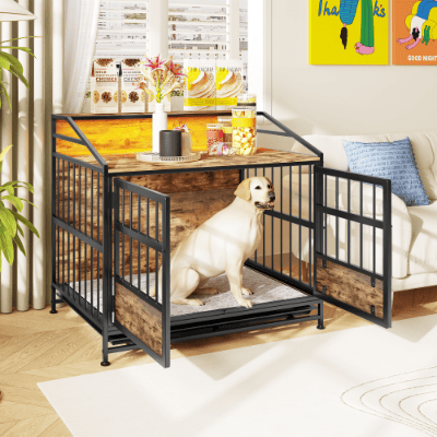 Multi-function Furniture Style Dog Crates With Storage, Dog Crate Furniture Large Wooden Dog Kennel With Double Doors, For Large Medium Dog Indoor, Br (Option: Black Brown)