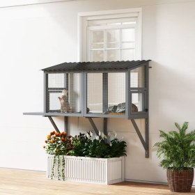 Wooden Cat Catio, Outdoor Cat Enclosure Window Perch With Jumping Platform (Option: Grey)