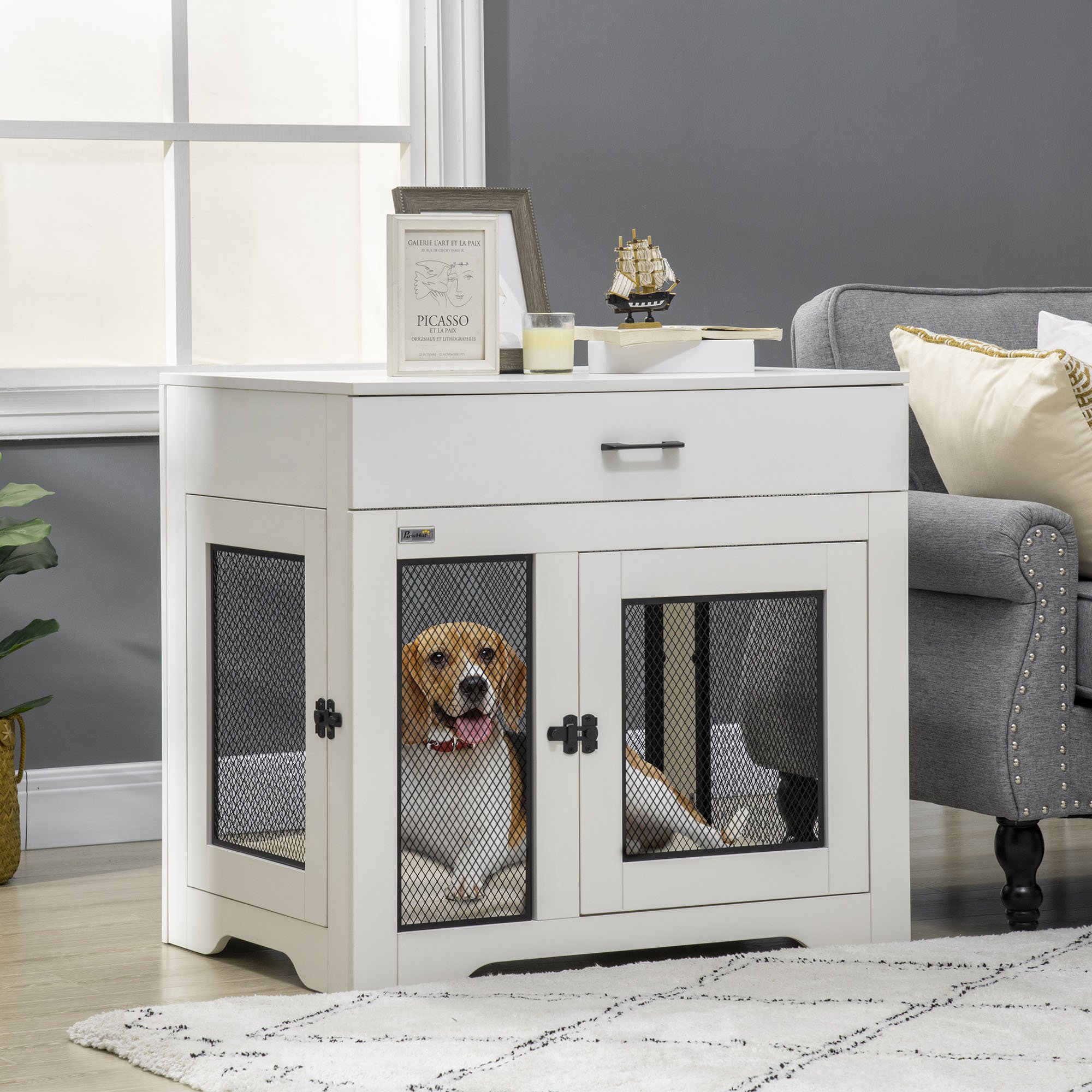 Dog Crate Furniture with Soft Water-Resistant Cushion (Option: White-930x830x215 mm)