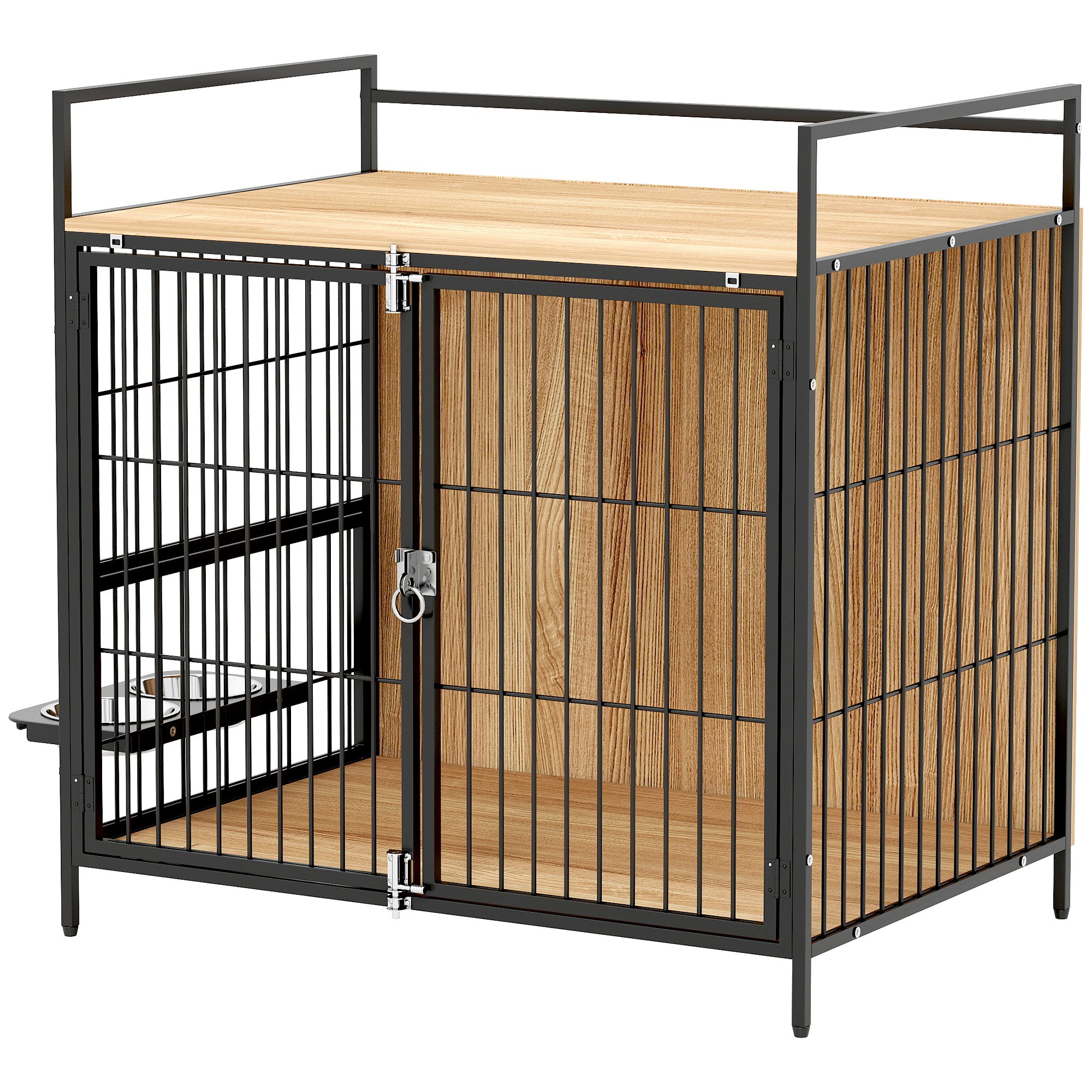 30 Inch Dog Crate Furniture, Indoor Pet Kennel Side Table With Rotatable Bowls, 2 Anti-Escape Doors, For M Dogs, Oak (Option: Oak)