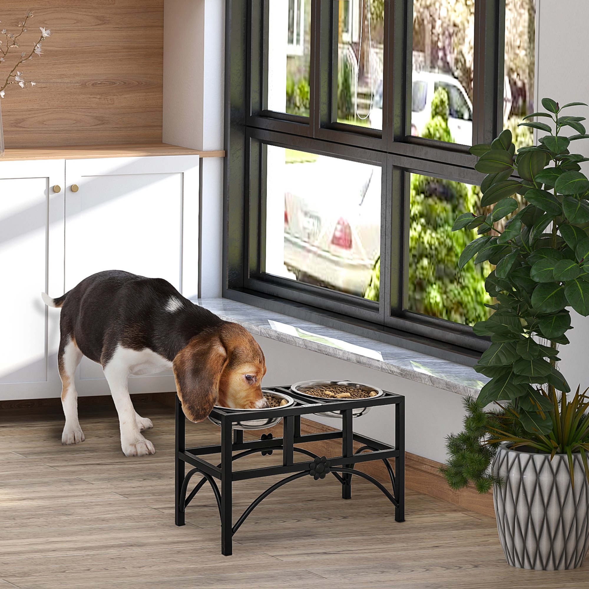 17" Double Stainless Heavy Duty Dog Food Bowl Elevated Pet Feeding Station (Option: Black-450x225x285 mm)