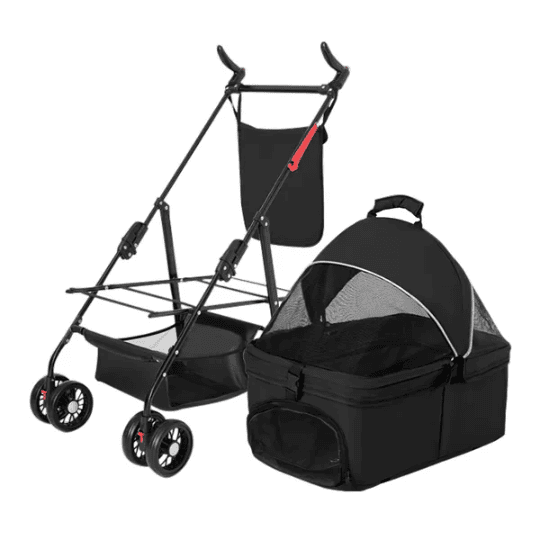 4 Wheels Pet Stroller Foldable Carrier Strolling Cart Travel Jogger Pet Stroller With Removable Liner Storage Basket For Dog (Option: Black)