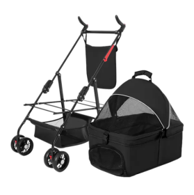4 Wheels Pet Stroller Foldable Carrier Strolling Cart Travel Jogger Pet Stroller With Removable Liner Storage Basket For Dog Cat (Option: Black)