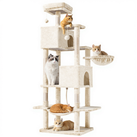 66 Inch Cat Tree Tower, Large Multi-Cat Climbing Extended Platform, Hammock, Pet House For Indoor Cats And Kittens Play (Option: Beige)