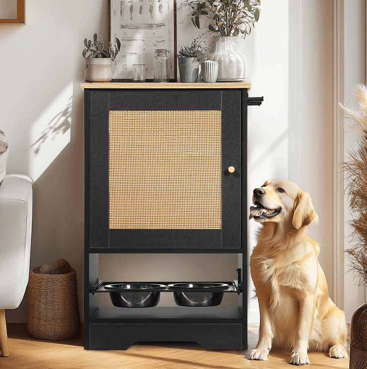 Feeding Station With 1 Locker, Pet Feeding Station With 2 Overhead Dog Bowls, Side Hooks, Anti-Tipping Kit, Concealed Pet Feeding Station For Feeding (Option: Black)