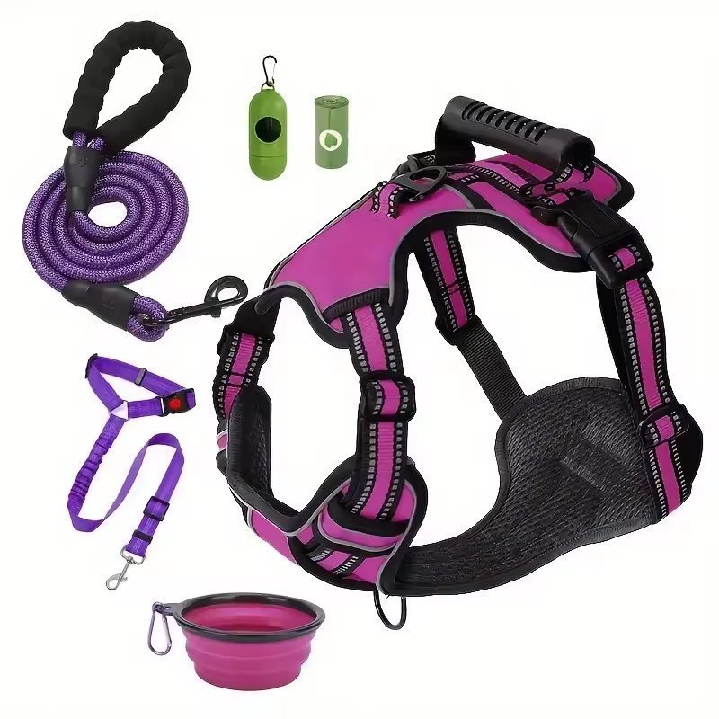 Tactical Service Dog Harness Strap Set, Car Seat Belt, Collapsible Bowl, Biodegradable Trash Bag Set For Dogs (Option: Purple-XL)