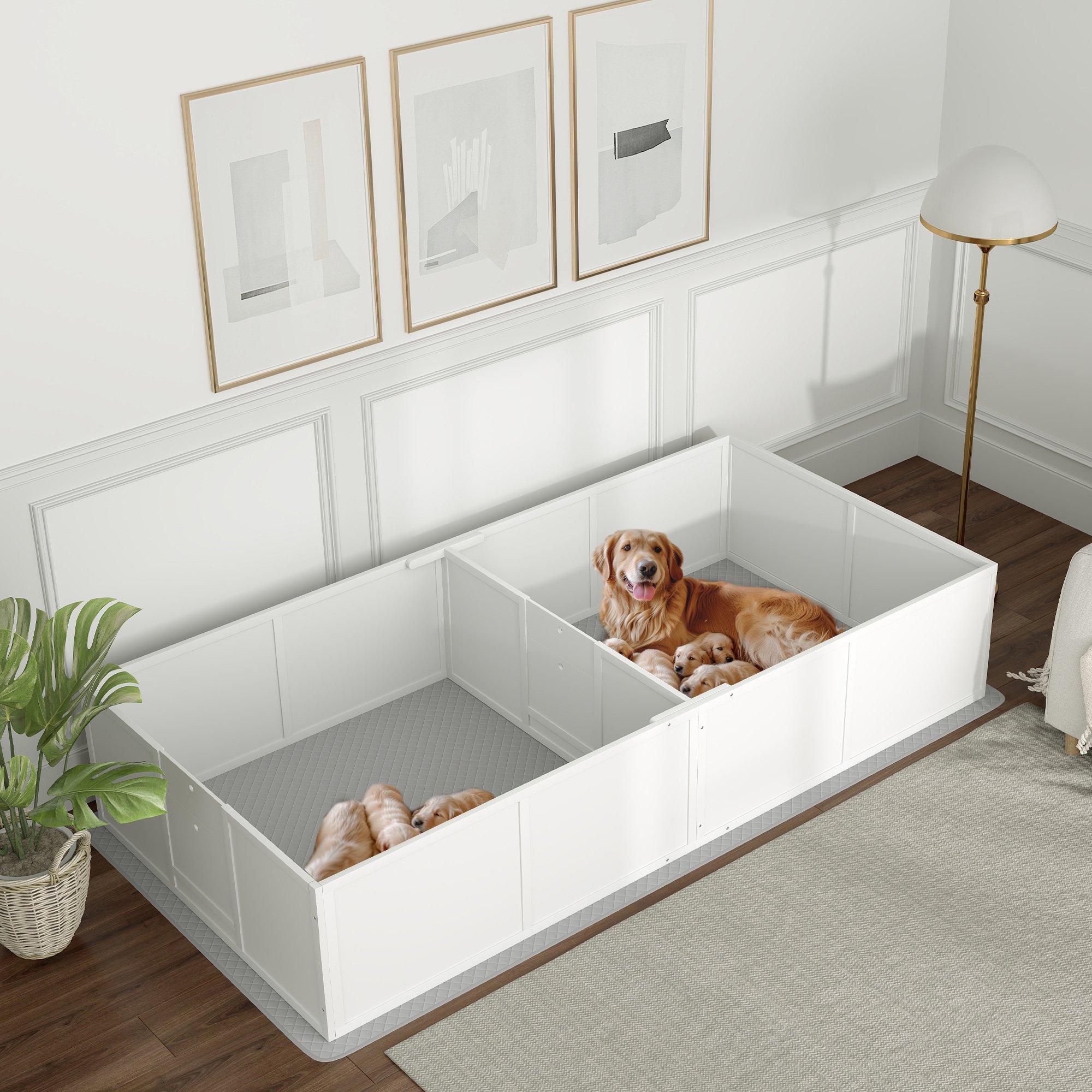 Whelping Box for Dogs and Puppies w/ Waterproof Pee Pad & Adjustable Door for Large (Option: White-1300x580x210 mm)