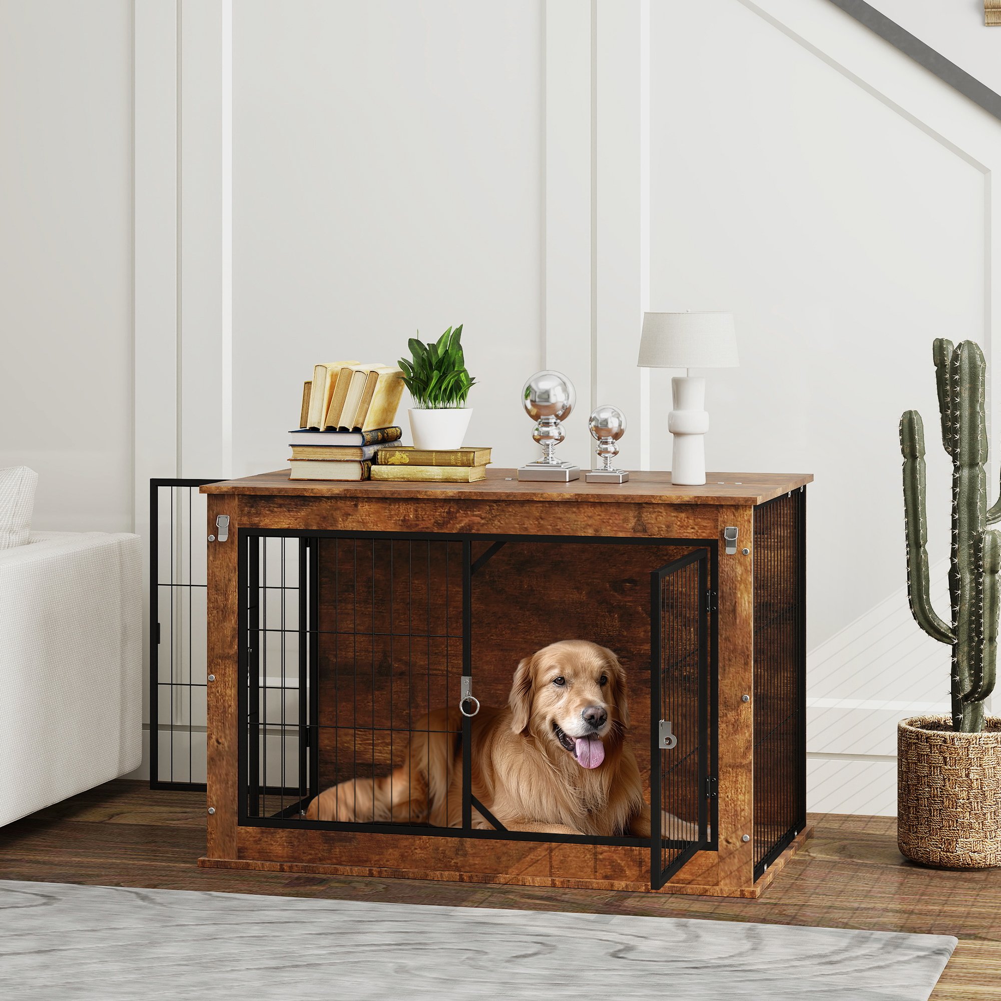 39" Dog Crate Furniture with Flip-up Top Opening (Option: Rustic Brown-1120x735x130 mm)