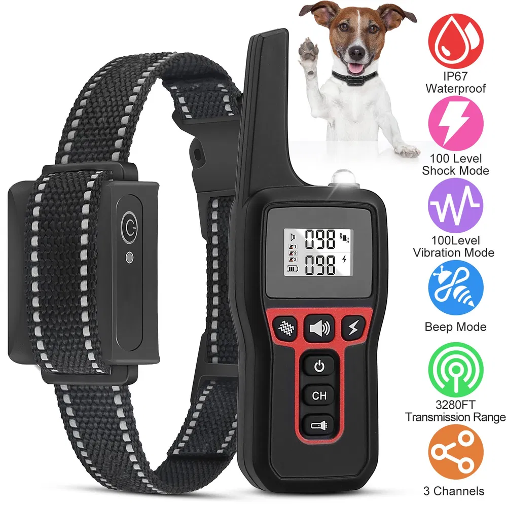 3280FT Dog Training Collar IP67 Waterproof Pet Beep Vibration Electric Shock Collar (Option: Black)