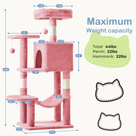 44 Inch Cat Tree Tower, Multi-Cat Climbing Tower With, Natural Sisal Scratching Posts, Extended Platform, Hammock (Option: Pink)