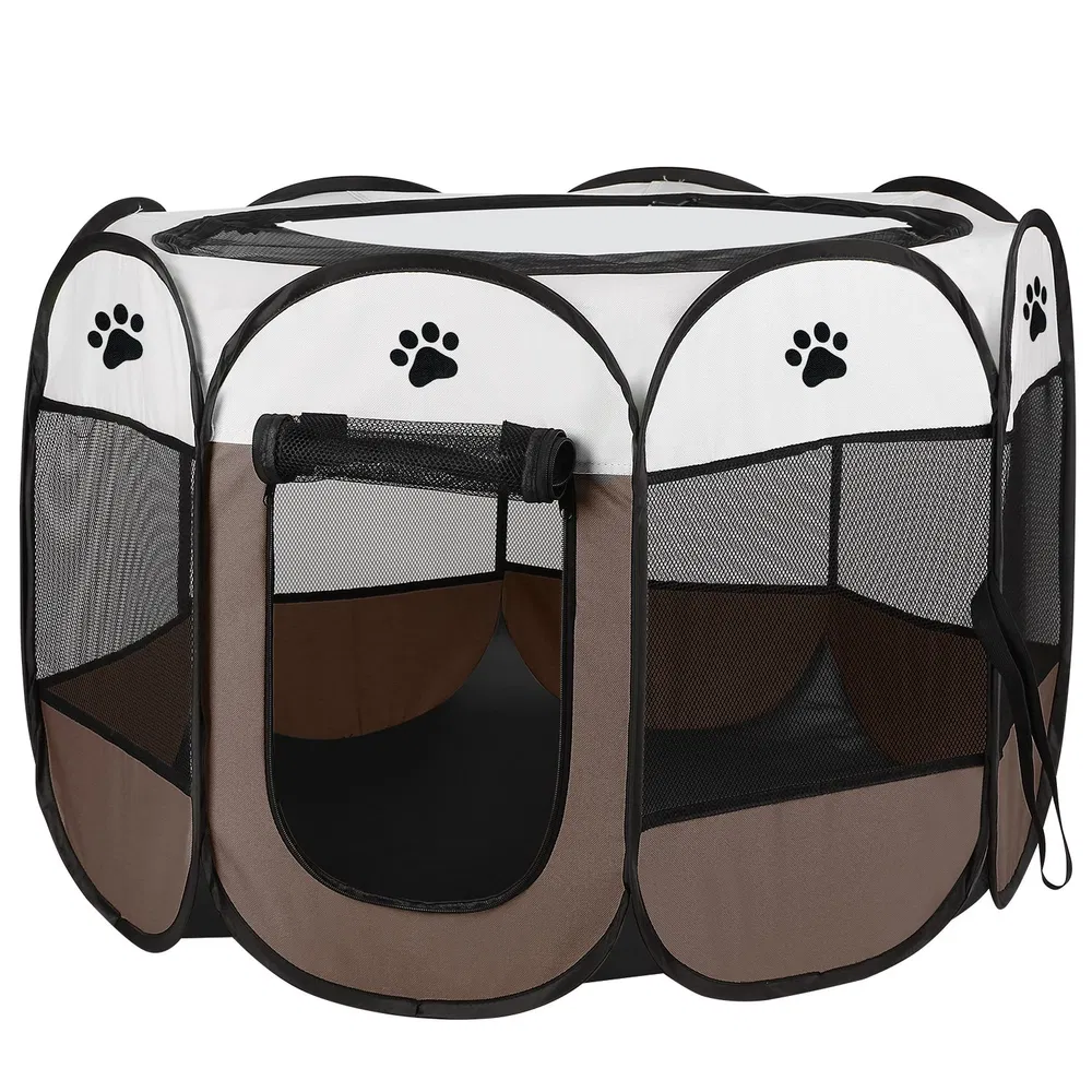 Portable Foldable Pet Playpen Exercise Pen Kennel Removable Zipper Top And Bottom Water Resistant Indoor Outdoor Use For Dogs Cats Other Pets (Option: Coffee)