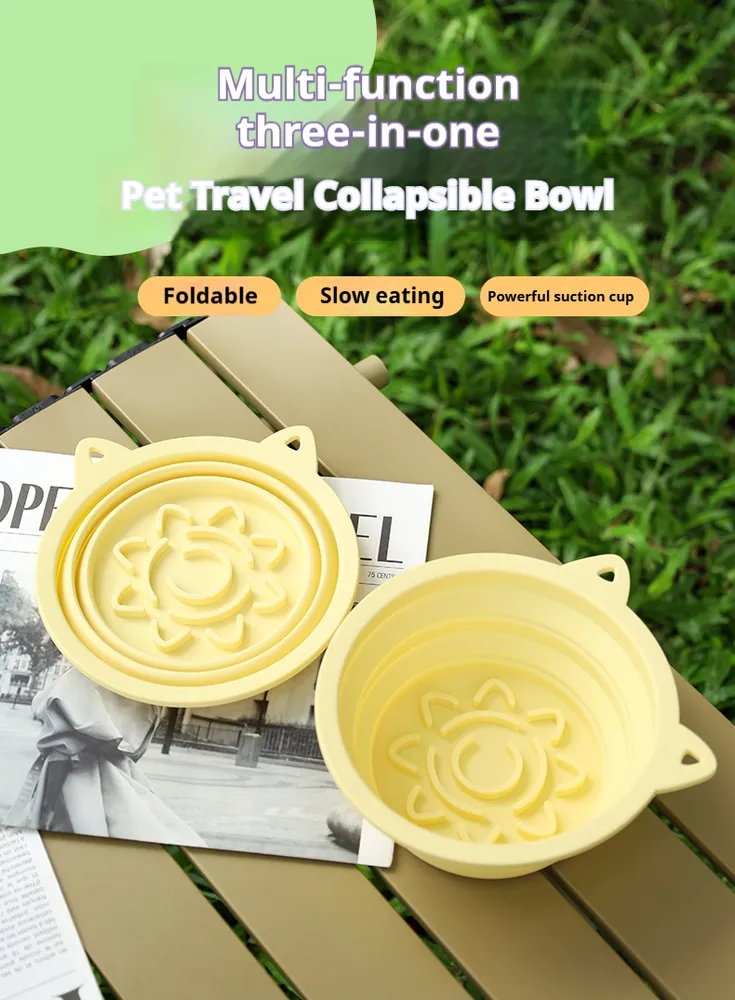 3-in-1 Pet Travel Collapsible Bowl Foldable Slow-Feeder With Strong Suction Cups  Portable Silicone Dog Bowl With Hook For Hanging On Collar/Backpack (Option: Yellow-650ml)