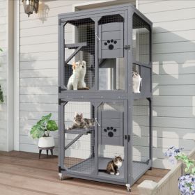 Catio Outdoor Cat Enclosure Window Access, 4 Tiers Cat House With Wheels, Resting Box & Waterproof Roof, Indoor Large Cat House Cage, Gray (Option: Grey)