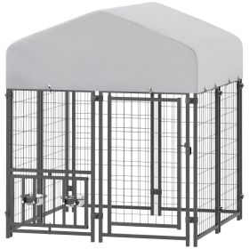 Welded Wire Outdoor Dog Kennel With 360 Rotating & 4 Levels Adjustable Bowls, Waterproof Cover, 3.9 X 3.9 X 4.5 (Option: Grey)