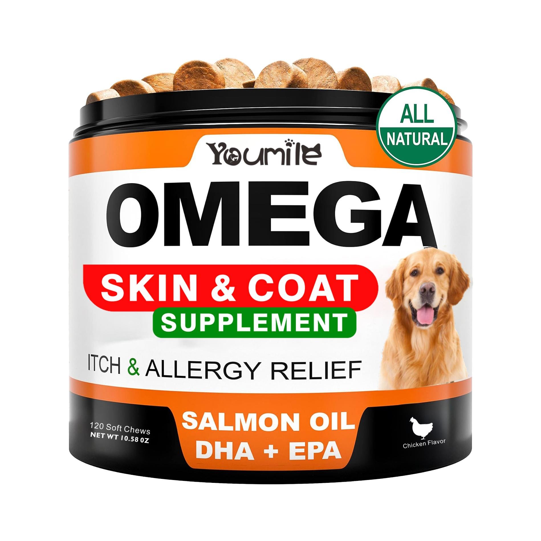 Youmile Omega 3 For Dogs - 120Ct  Fish Oil Treats - Allergy & Itch Relief Skin & Coat Supplement - Dry Itchy Skin, Anti Shedding & Hot Spots Treatment (Option: 240  Soft Chews2 BOTTLE)