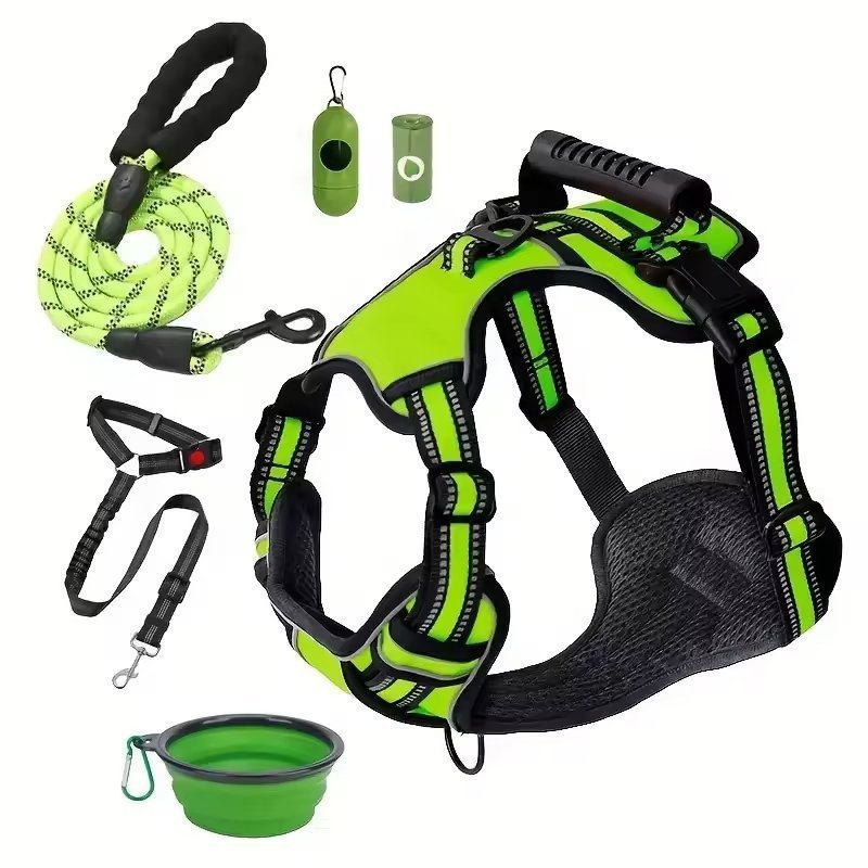 Tactical Service Dog Harness Strap Set, Car Seat Belt, Collapsible Bowl, Biodegradable Trash Bag Set For Dogs (Option: Green-XL)