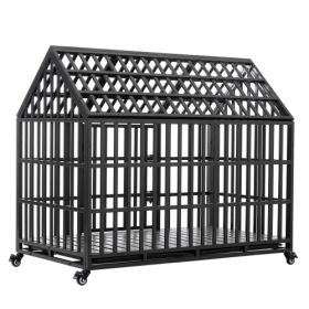 52" Heavy Duty Dog Crate, Strong Metal Dog Kennels and Crates with 4 Lockable Wheels (Color: Black)