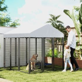 5.9 X 5.9 X 6 Outdoor Dog Kennel With Roof, Rotating & 4-Level Adjustable Bowls (Option: Grey)