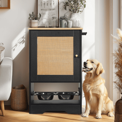 Feeding Station With 1 Storage Cabinets, Pet Feeding Station With 2 Elevated Dog Bowls, Side Hooks, Anti-tip Kit, Hidden Pet Feeder Station For Feedin (Option: Black)