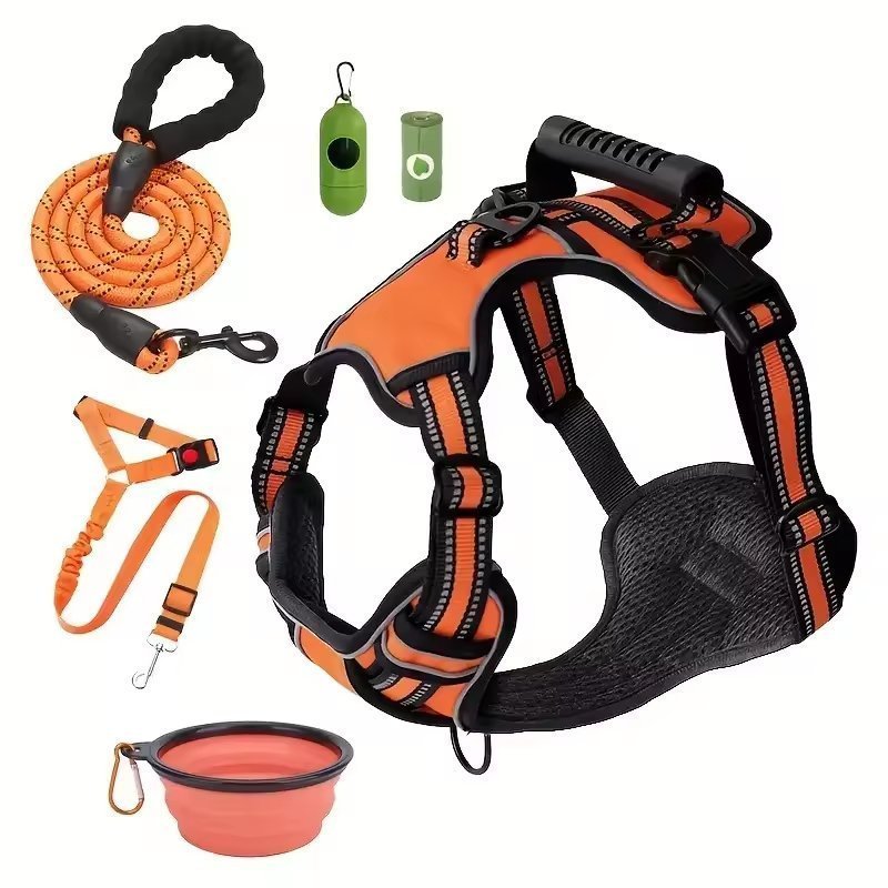 Tactical Service Dog Harness Strap Set, Car Seat Belt, Collapsible Bowl, Biodegradable Trash Bag Set For Dogs (Option: Orange-XL)