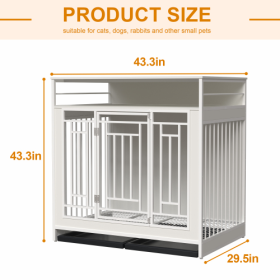 43.3 Inch Large Dog Kennel Furniture, Wooden Kennel With Divider (Option: White)