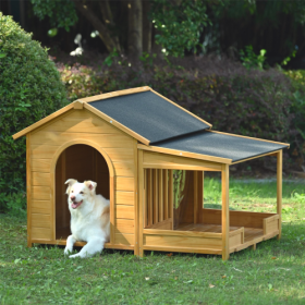 60.2 Large Wooden Dog House With Porch, Cabin Style Dog Crate With Asphalt Roof And Elevated Floor, Dog Kennel With Side Window And Doors, Perfect For (Option: Natural)