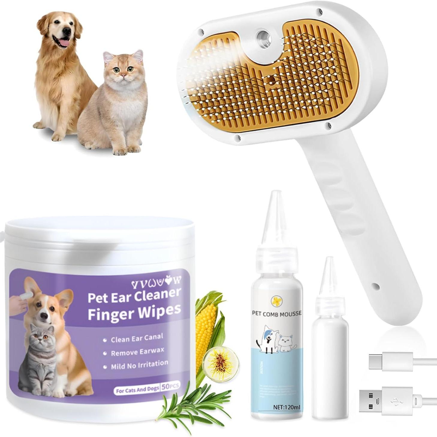Universal Pet Steam Brush For Cats And Dogs 3-in-1 Spray Hair Removal Comb With Waterless Shampoo And Ear Towel,Tiktok, Amazon, Walmart Banned (Option: Brush Set with Pet Ear Cleaner)