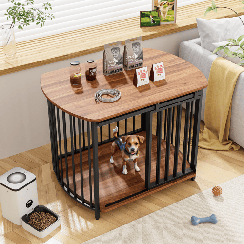 31.5 Furniture Style Dog Crate For Small And Medium Dogs, Wooden Cage Indoor Kennel Furniture, Modern Dog Crate End Table With Double-Doors (Option: Brown)